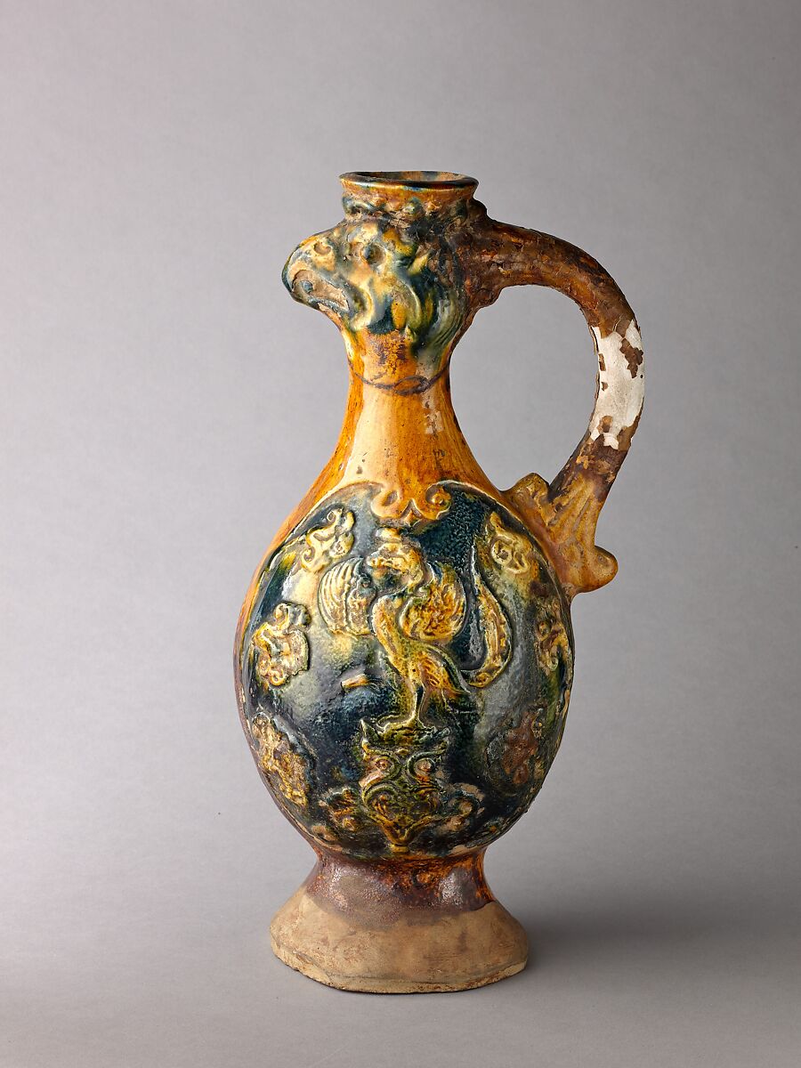 Phoenix-head ewer, Tang sancai ware, Chinese  , Tang Dynasty, Earthenware with polychrome glaze., Chinese 