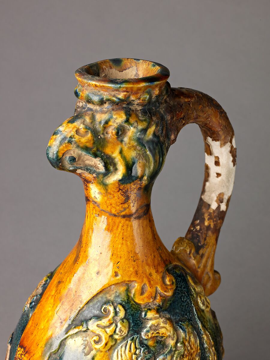 Phoenix-head ewer, Tang sancai ware, Chinese  , Tang Dynasty, Earthenware with polychrome glaze., Chinese