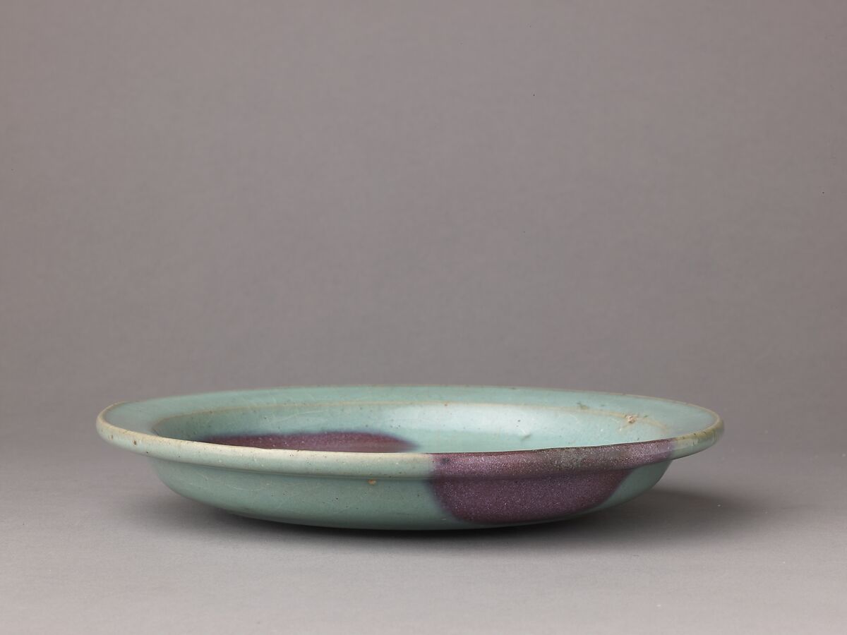 Plate, Jun ware, Chinese  , Jin/Yuan Dynasty, Stoneware with splashed blue glaze., Chinese