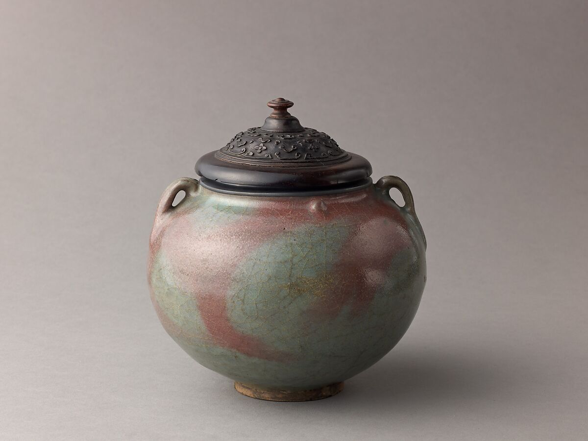 Two-eared jar, Jun ware, Chinese  , Jin/Yuan Dynasty, Stoneware with flushed blue glaze., Chinese