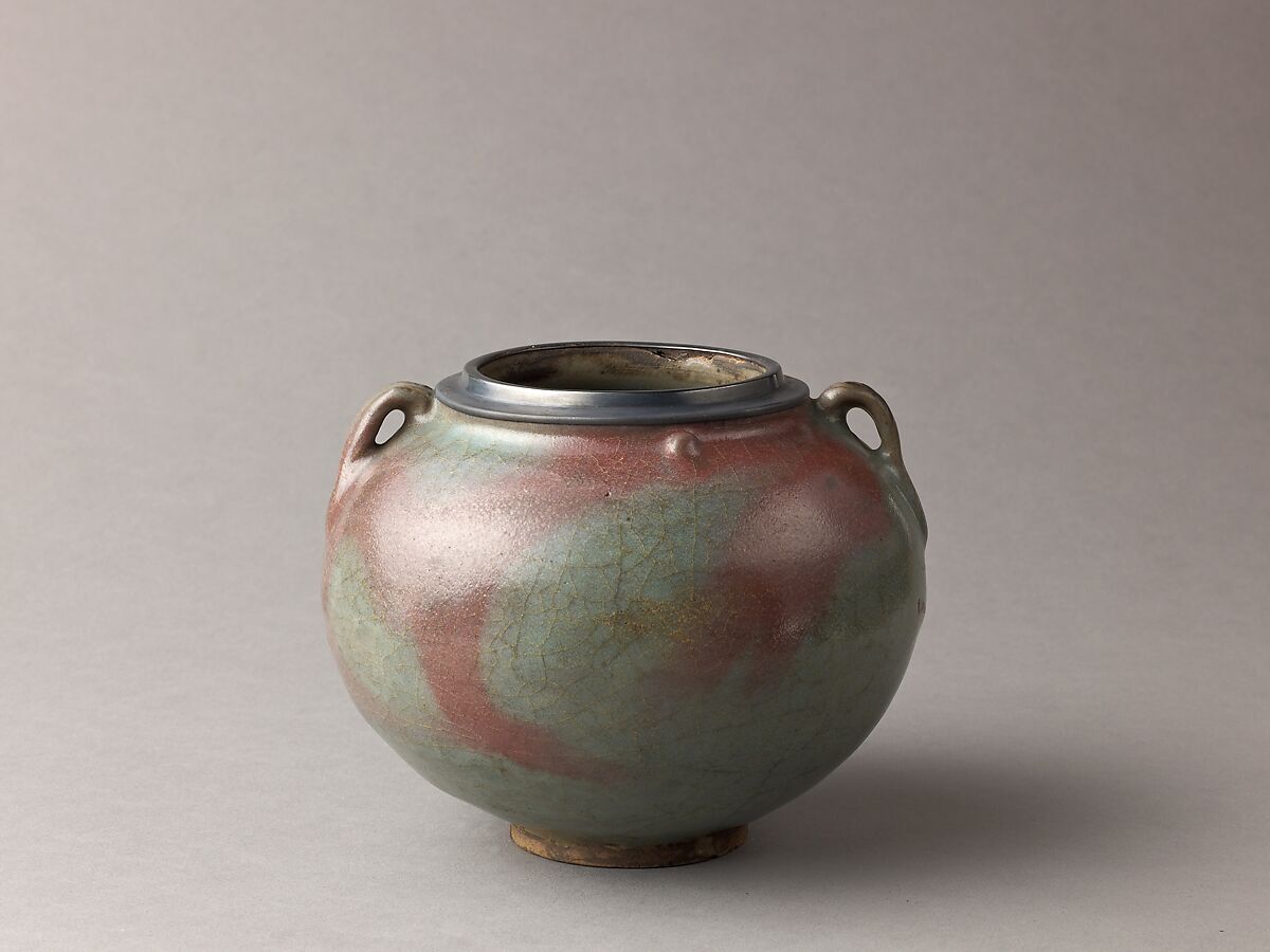 Two-eared jar, Jun ware, Chinese  , Jin/Yuan Dynasty, Stoneware with flushed blue glaze., Chinese