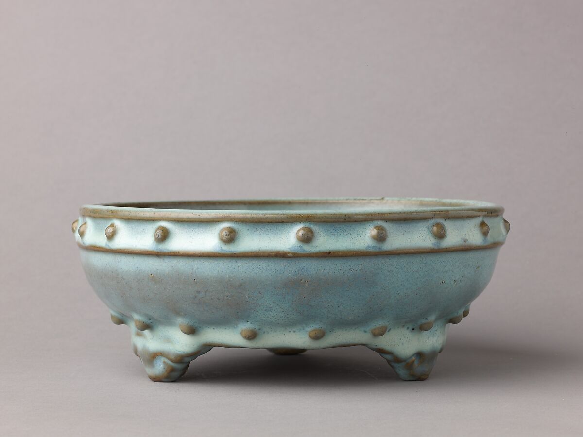 Bulb bowl, Numbered Jun ware, Chinese  , late Yuan to early Ming Dynasties, Stoneware with blue glaze over relief decoration., Chinese