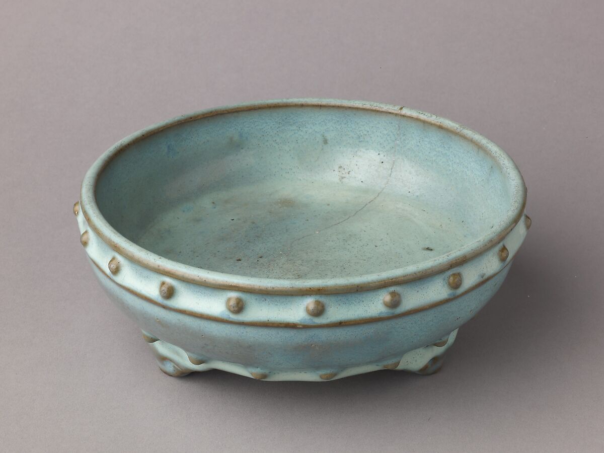 Bulb bowl, Numbered Jun ware, Chinese  , late Yuan to early Ming Dynasties, Stoneware with blue glaze over relief decoration., Chinese 