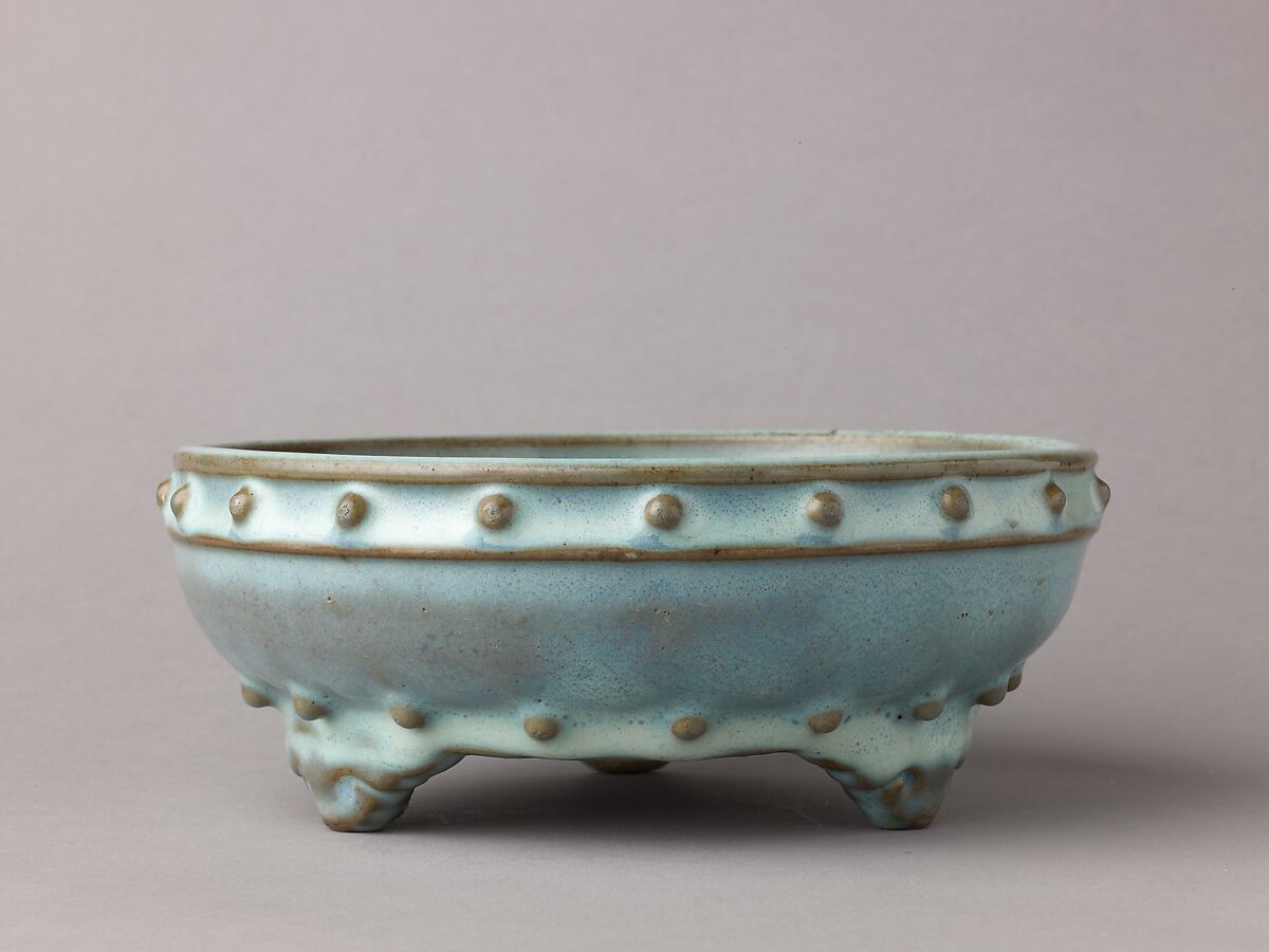 Bulb bowl, Numbered Jun ware, Chinese  , late Yuan to early Ming Dynasties, Stoneware with blue glaze over relief decoration., Chinese