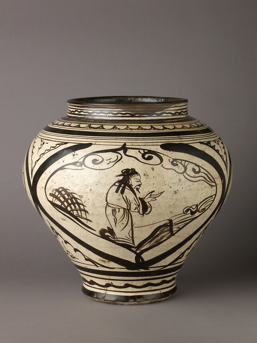 Wine jar (Guan), Cizhou ware, Chinese  , Yuan Dynasty, Stoneware painted in brown on a white ground., Chinese 