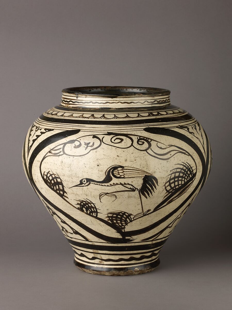 Wine jar (Guan), Cizhou ware, Chinese  , Yuan Dynasty, Stoneware painted in brown on a white ground., Chinese