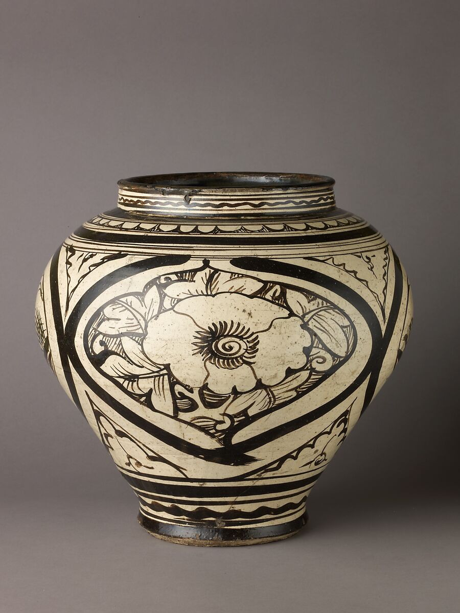 Wine jar (Guan), Cizhou ware, Chinese  , Yuan Dynasty, Stoneware painted in brown on a white ground., Chinese
