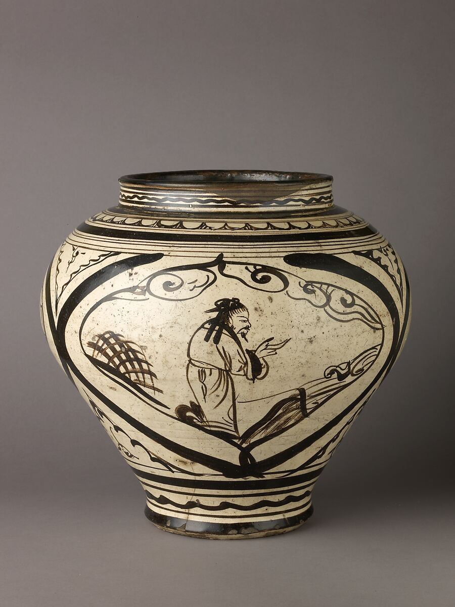 Wine jar (Guan), Cizhou ware, Chinese  , Yuan Dynasty, Stoneware painted in brown on a white ground., Chinese