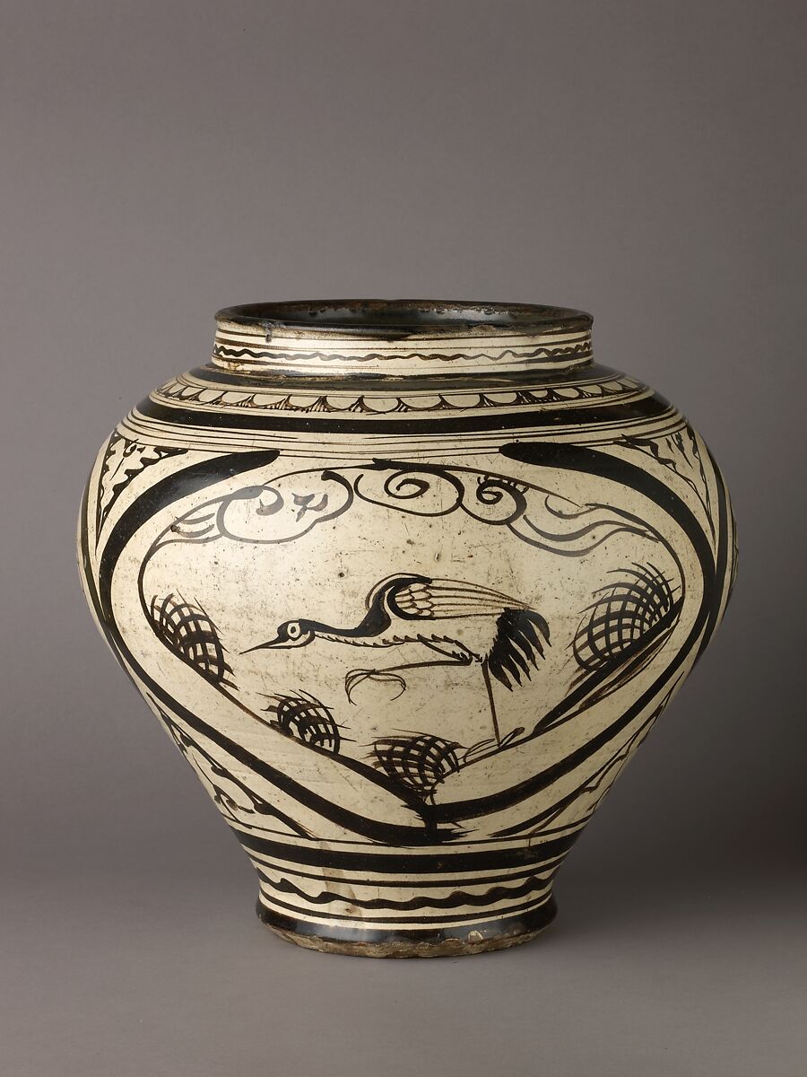 Wine jar (Guan), Cizhou ware, Chinese  , Yuan Dynasty, Stoneware painted in brown on a white ground., Chinese