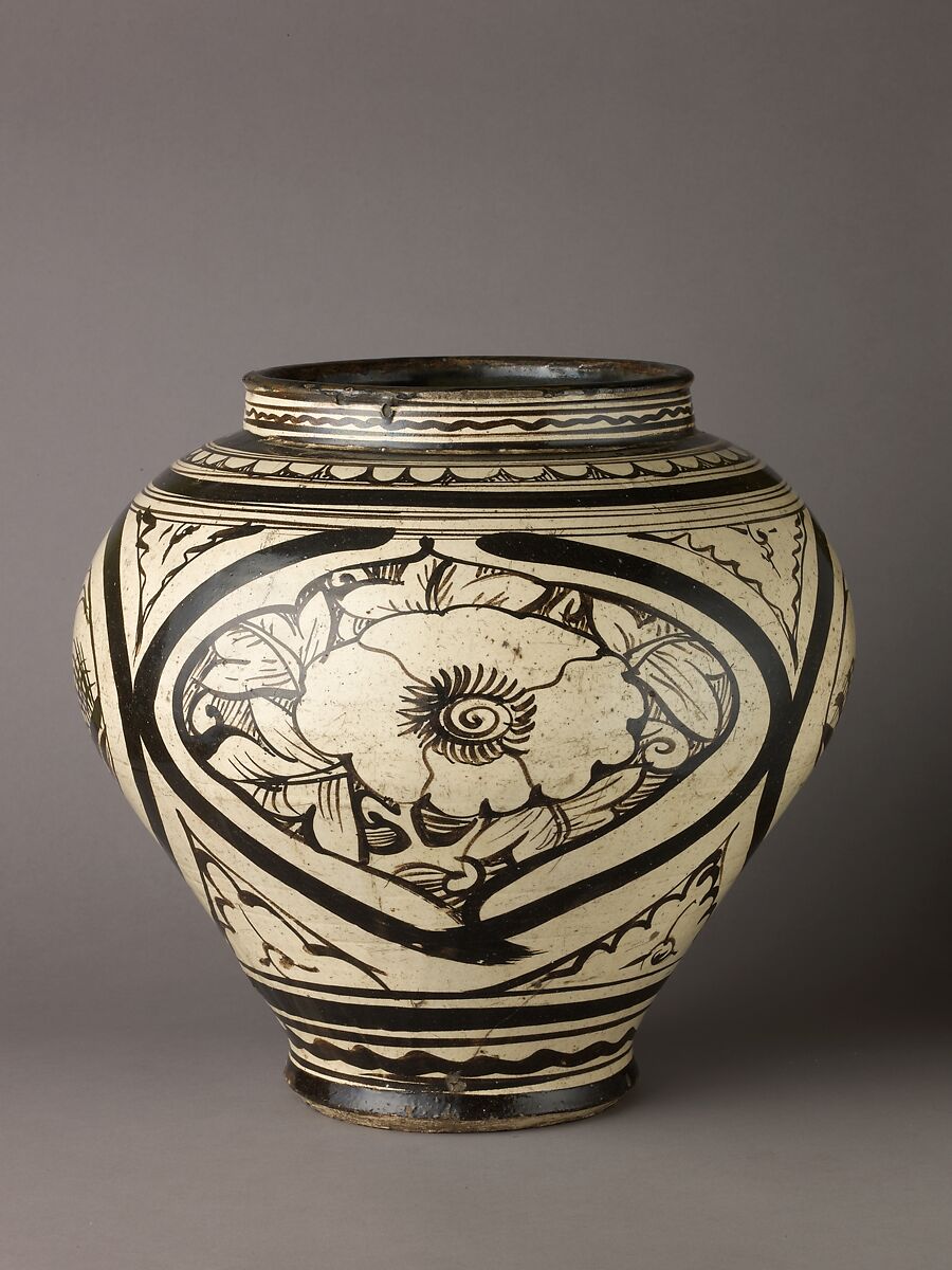 Wine jar (Guan), Cizhou ware, Chinese  , Yuan Dynasty, Stoneware painted in brown on a white ground., Chinese