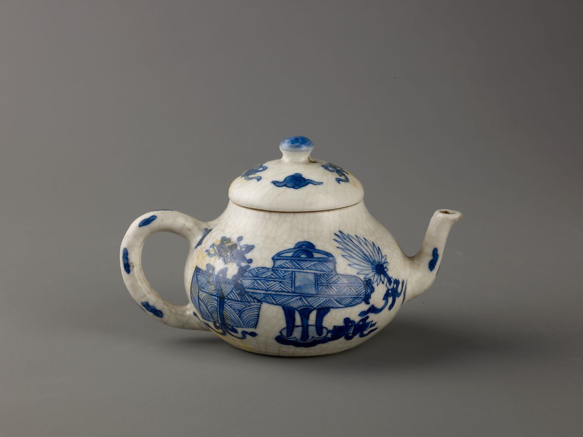 Small covered wine pot or teapot, Chinese  , Qing Dynasty, Kangxi period, "Soft-paste" type porcelain painted in underglaze blue., Chinese