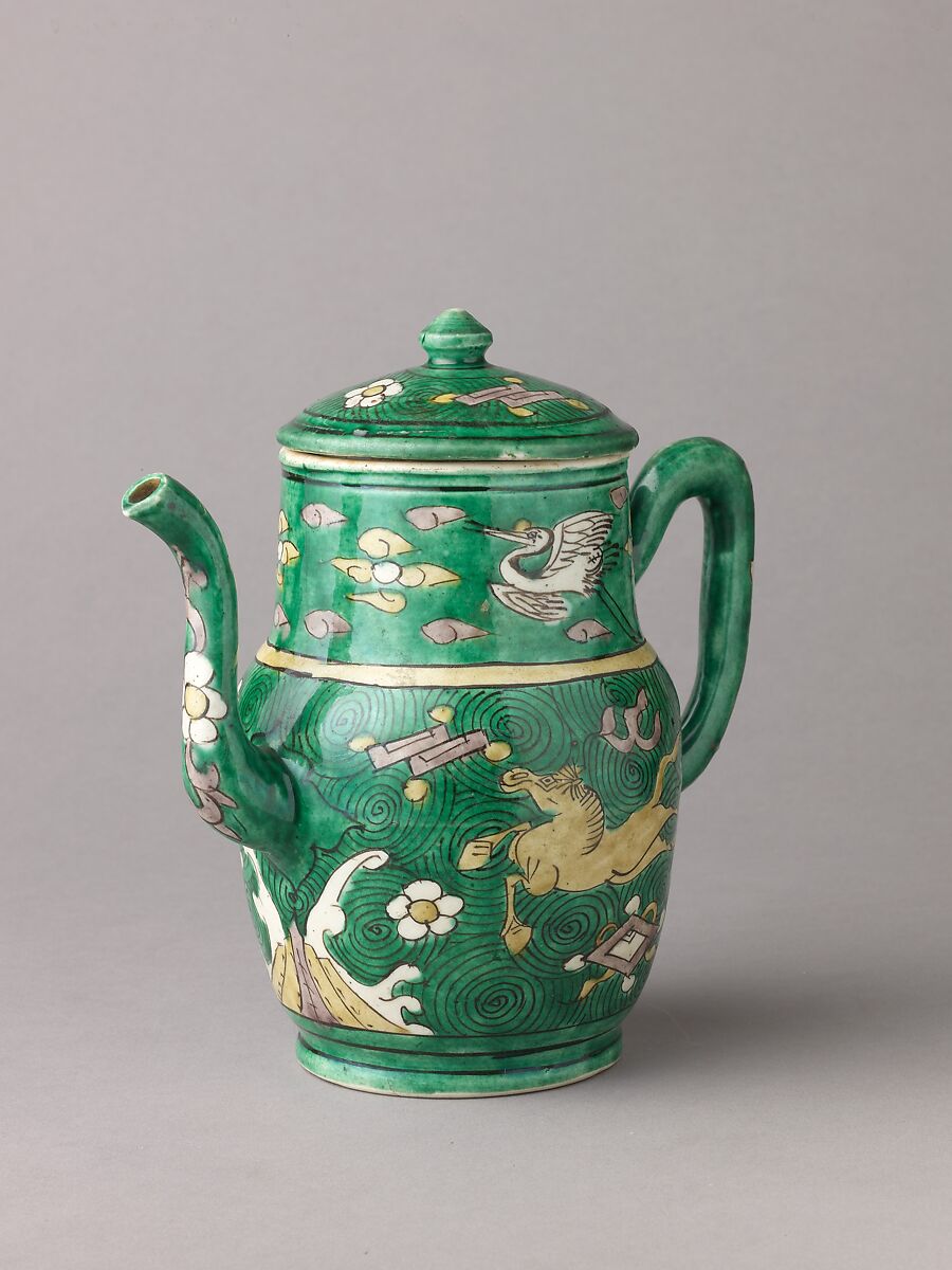 Covered ewer, Chinese  , Qing Dynasty, later Transitional period, Porcelain painted in enamels on the biscuit., Chinese