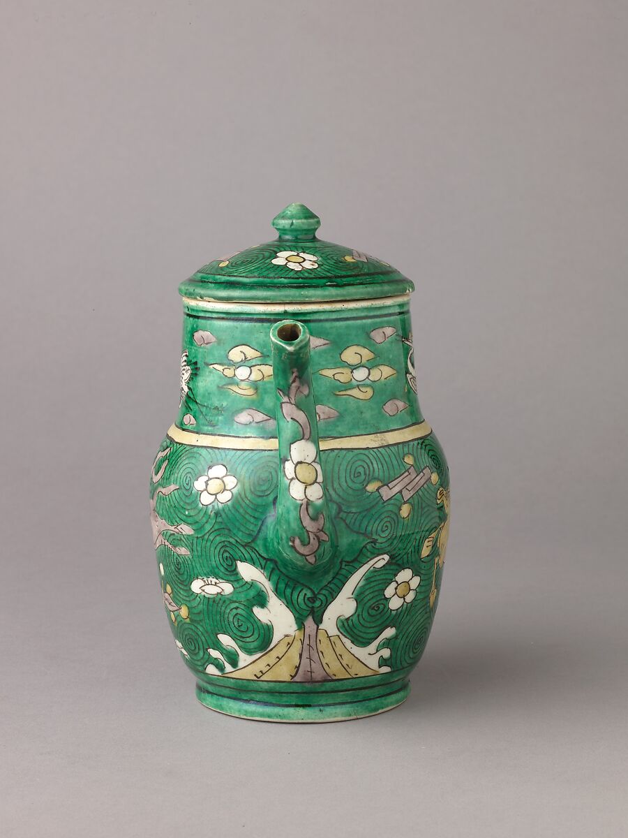 Covered ewer, Chinese  , Qing Dynasty, later Transitional period, Porcelain painted in enamels on the biscuit., Chinese