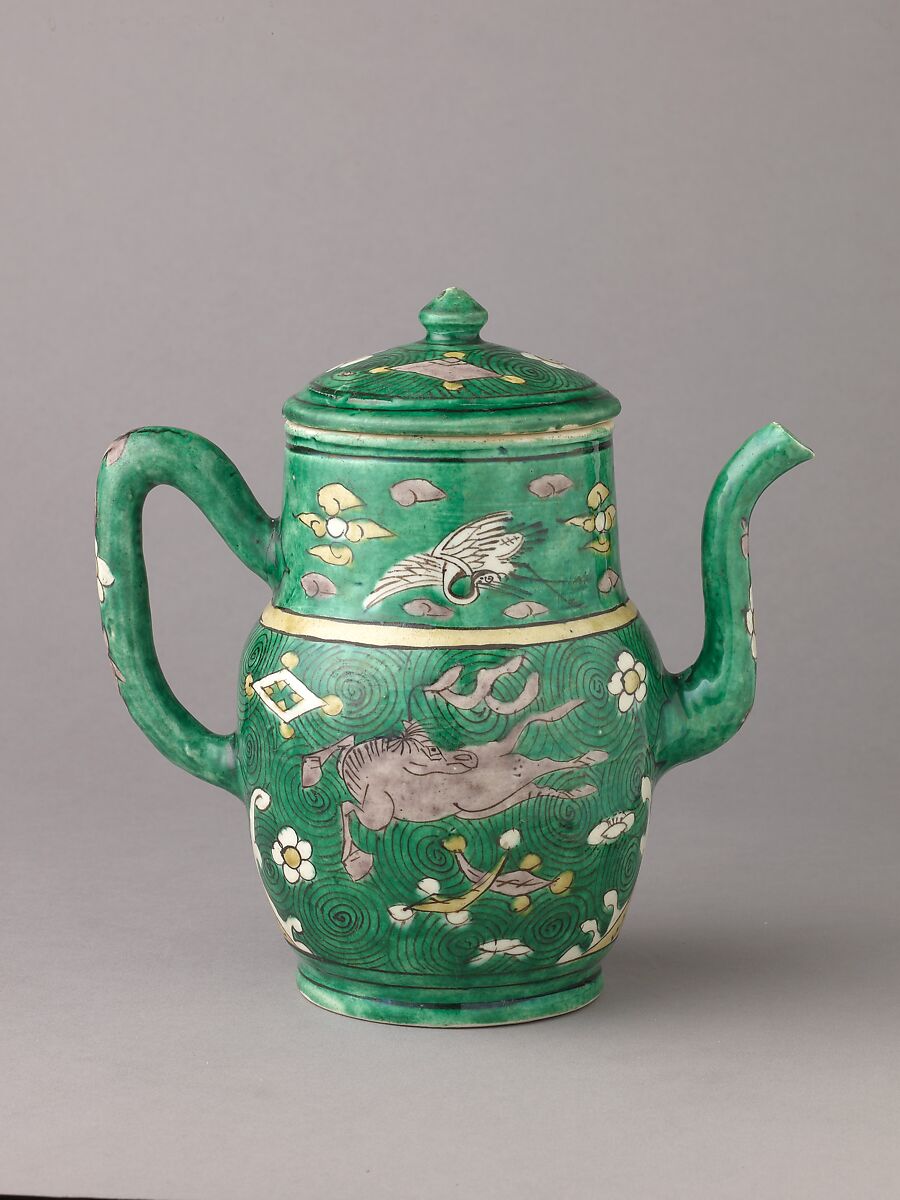 Covered ewer, Chinese  , Qing Dynasty, later Transitional period, Porcelain painted in enamels on the biscuit., Chinese