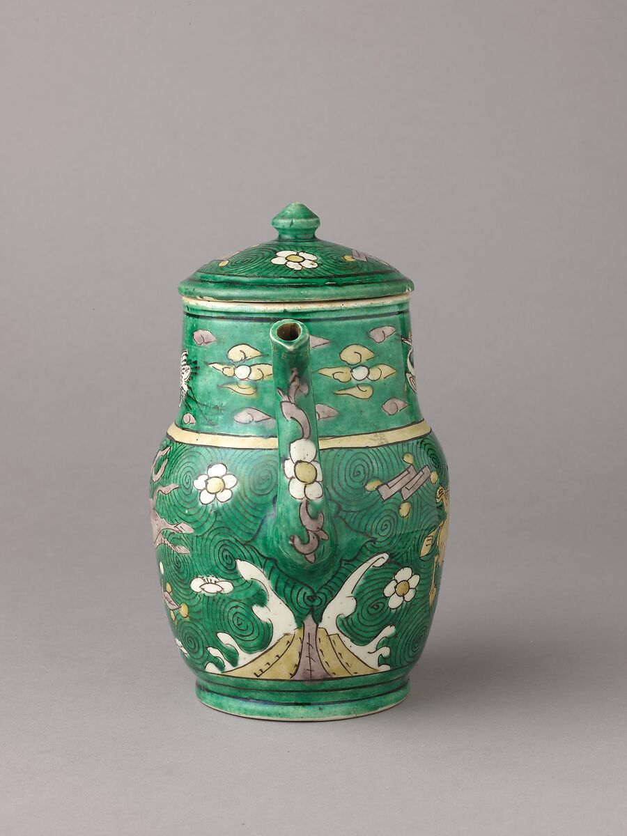 Covered ewer, Chinese  , Qing Dynasty, later Transitional period, Porcelain painted in enamels on the biscuit., Chinese