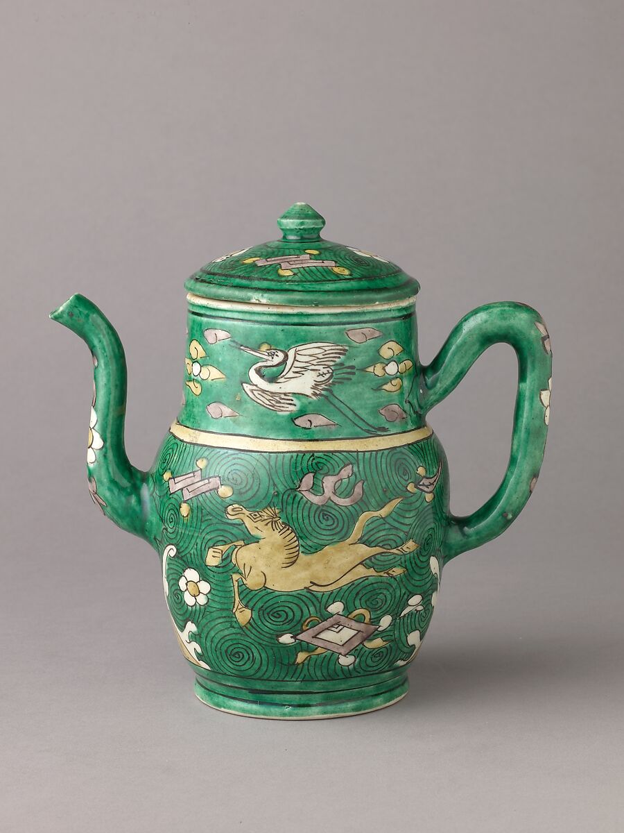 Covered ewer, Chinese  , Qing Dynasty, later Transitional period, Porcelain painted in enamels on the biscuit., Chinese