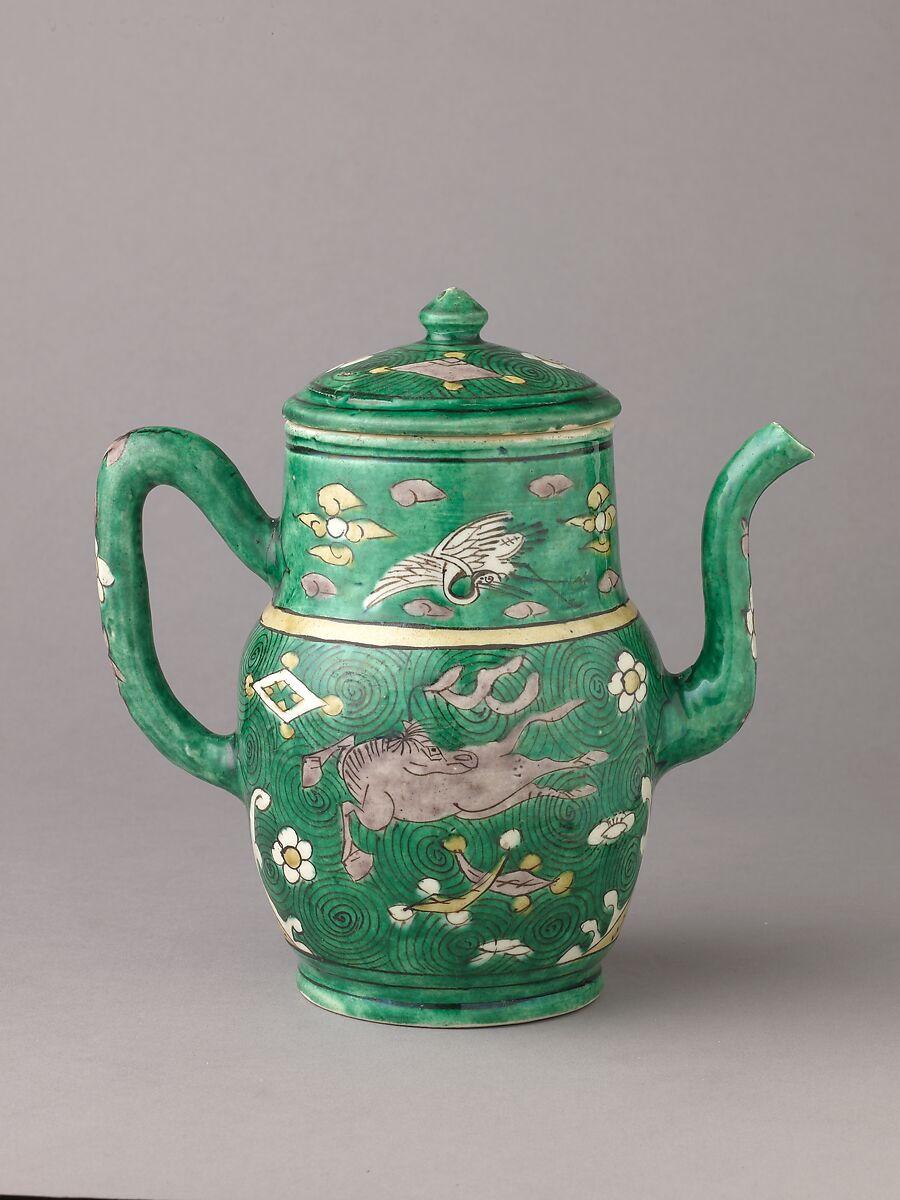 Covered ewer, Chinese  , Qing Dynasty, later Transitional period, Porcelain painted in enamels on the biscuit., Chinese