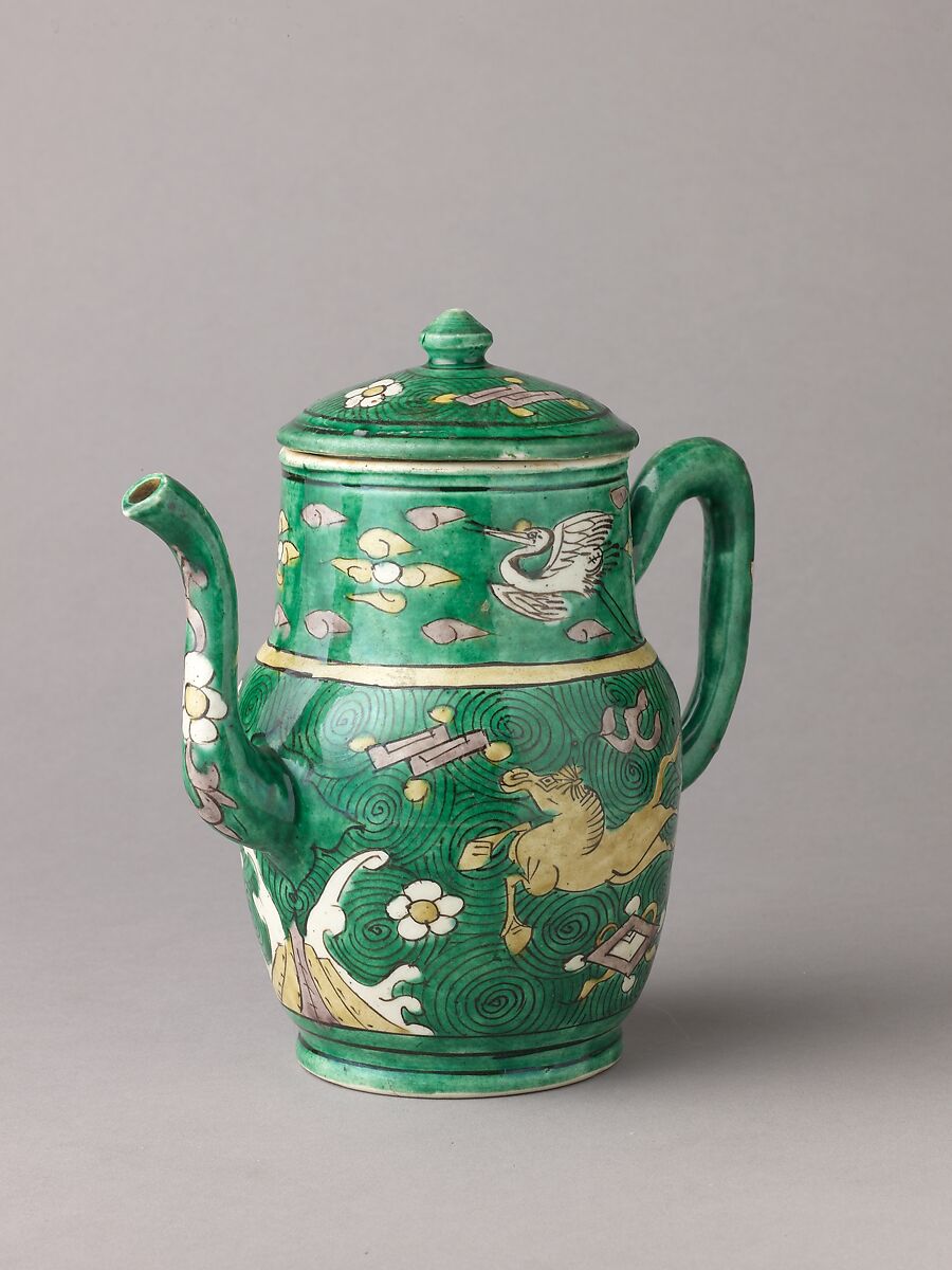 Covered ewer, Chinese  , Qing Dynasty, later Transitional period, Porcelain painted in enamels on the biscuit., Chinese