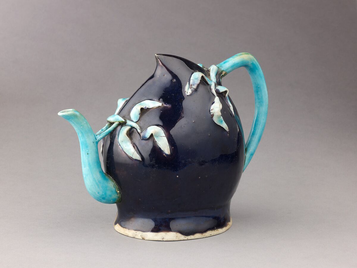 Peach-shaped wine pot or teapot, Chinese  , early Qing Dynasty, Porcelain with relief decoration under polychrome glazes., Chinese 