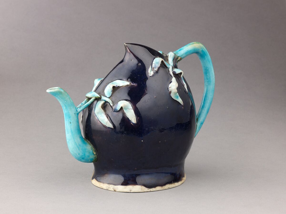 Peach-shaped wine pot or teapot, Chinese  , early Qing Dynasty, Porcelain with relief decoration under polychrome glazes., Chinese