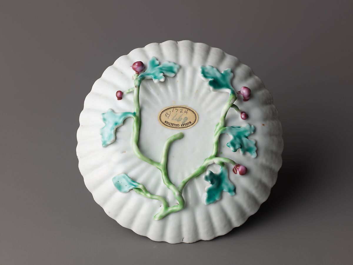 Teapot (a) and saucer (b), Chinese  , Qing Dynasty, Porcelain with full relief decoration, painted in overglaze enamels., Chinese