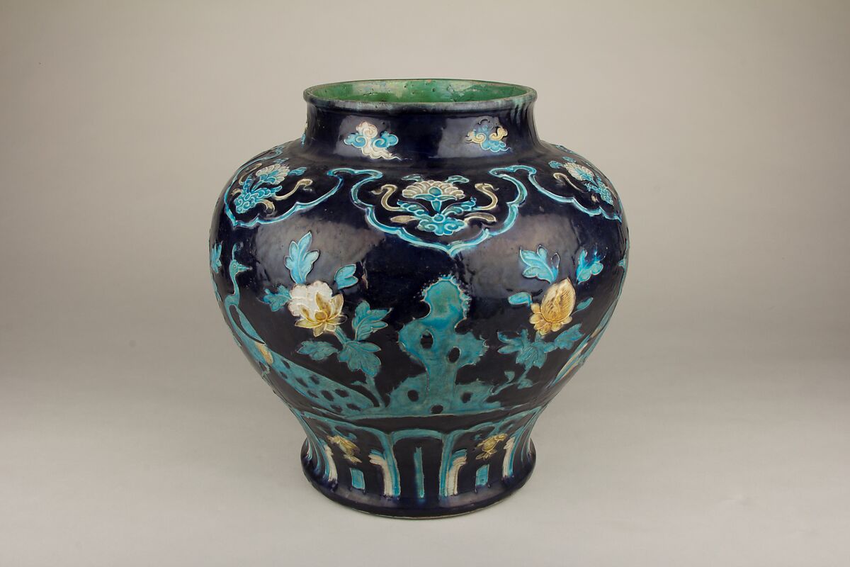 Jar with peafowl, Porcelain with relief decoration under colored glazes (Fahua ware), China