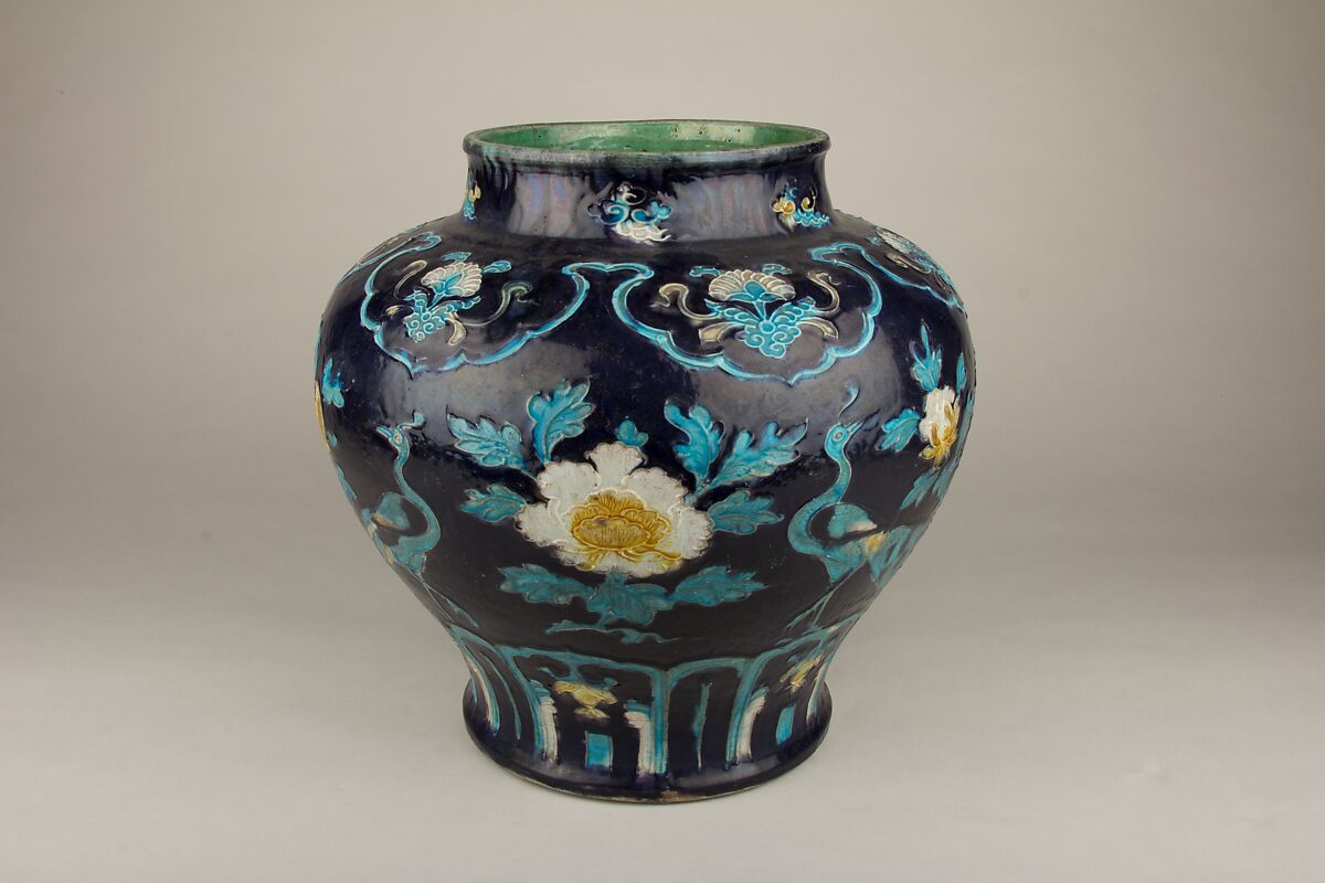 Jar with peafowl, Porcelain with relief decoration under colored glazes (Fahua ware), China