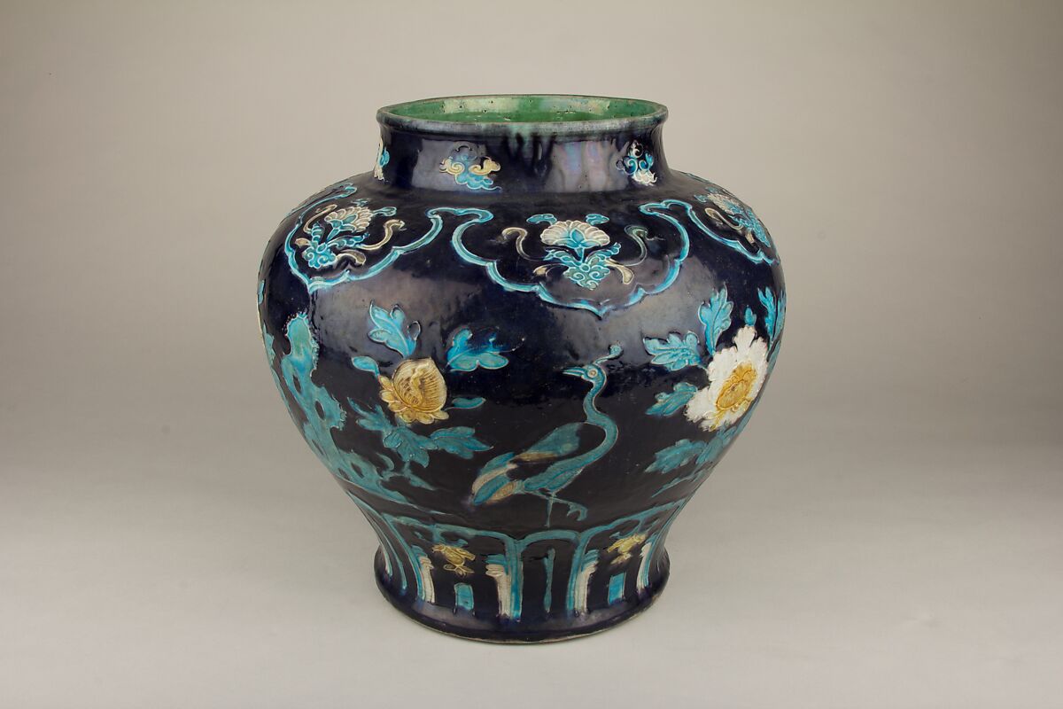 Jar with peafowl, Porcelain with relief decoration under colored glazes (Fahua ware), China