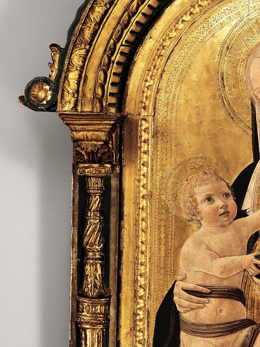 Engaged arched cassetta frame and arched tabernacle frame, Poplar. Carved, gilt; orange-red bole, blue and white color, all over greenish tone., Sienese