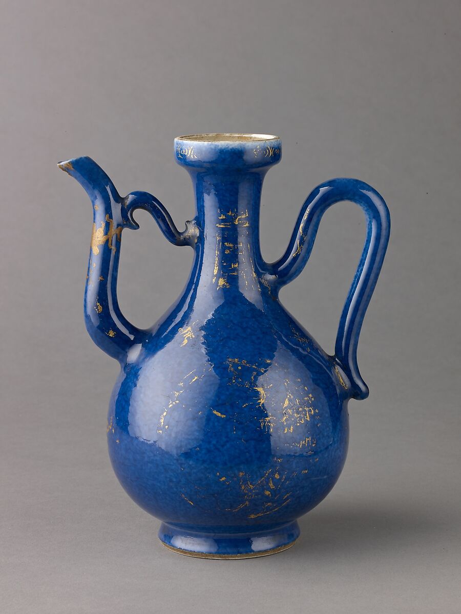 Ewer, Chinese  , Qing Dynasty, Kangxi period, Porcelain with "powder-blue" glaze, painted in overglaze gilt., Chinese