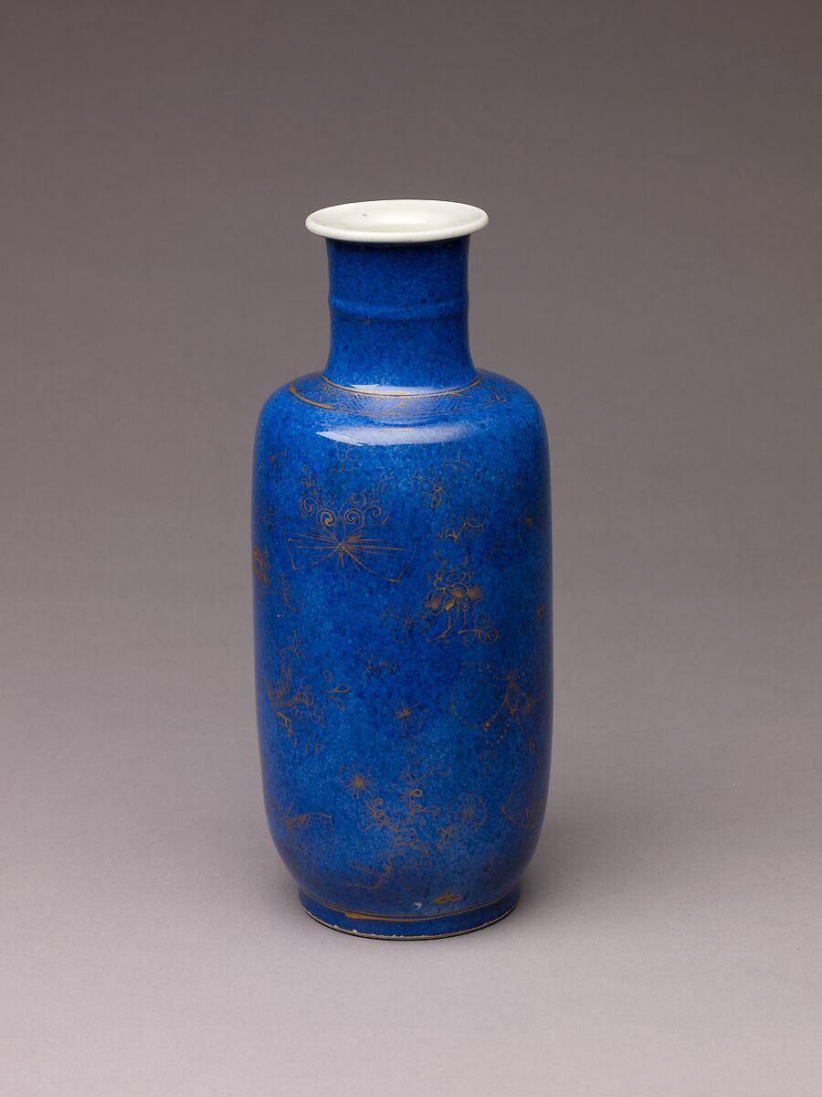 Club-shaped vase, Chinese  , Qing Dynasty, probably Kangxi period, Porcelain with "powder-blue" glaze, painted in overglaze gilt., Chinese 