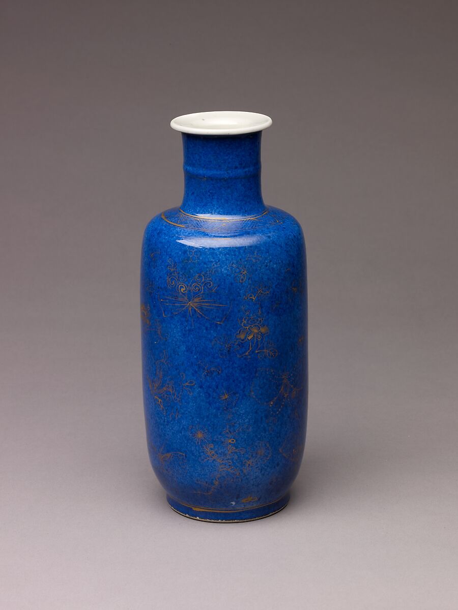 Club-shaped vase, Chinese  , Qing Dynasty, probably Kangxi period, Porcelain with "powder-blue" glaze, painted in overglaze gilt., Chinese