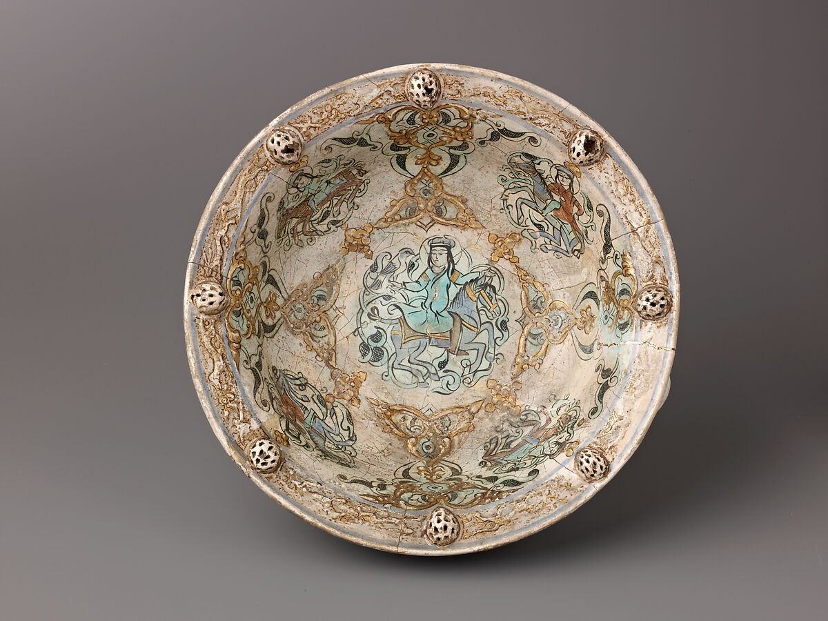 Basin with Handles, Minai'i ("enameled") ware, Earthenware.  Stain-and overglaze-painted, and gilded; applied handles and applied pierced bosses; decoration molded in relief., Iranian 