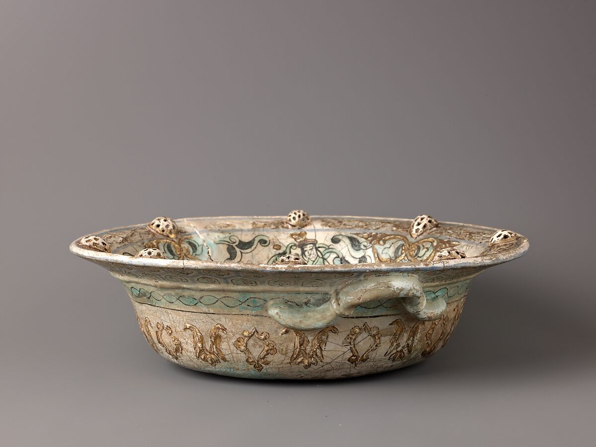 Basin with Handles, Minai'i ("enameled") ware, Earthenware.  Stain-and overglaze-painted, and gilded; applied handles and applied pierced bosses; decoration molded in relief., Iranian