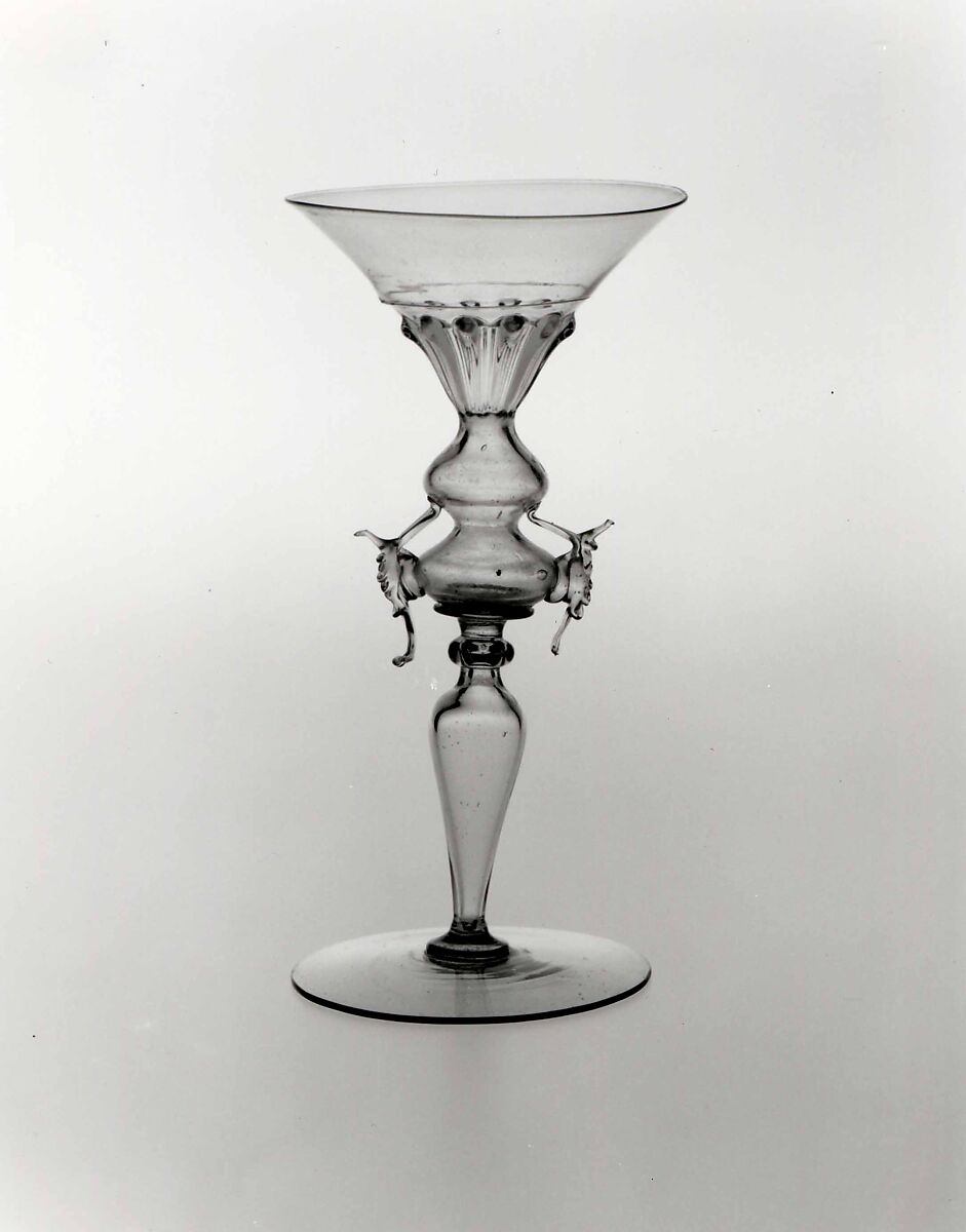 Wineglass (pastiche), Colorless (the bowl slightly tan, the stem and foot gray) nonlead glass. Blown, pattern molded, trailed., Northern European or Italian (Venice)