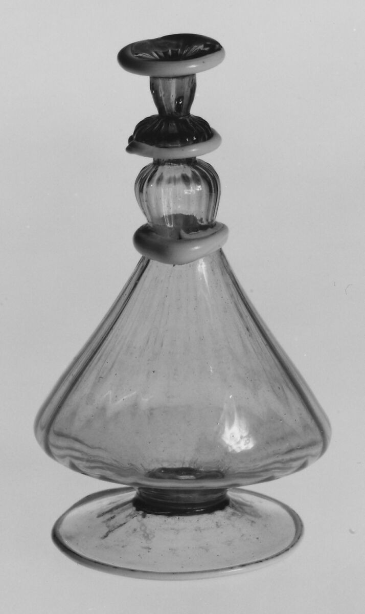 Sprinkler bottle(?), Colorless (purplish gray) and opaque white nonlead glass. Blown, pattern molded, trailed., Façon de venise, possibly Spanish (Barcelona)