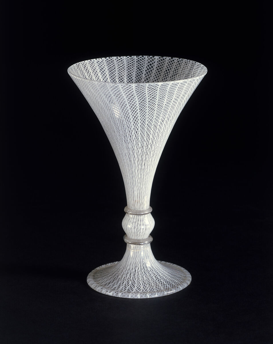 Goblet, Colorless (slightly gray) and opaque white nonlead glass. Blown, "vetro a retorti"., Italian (Venice)