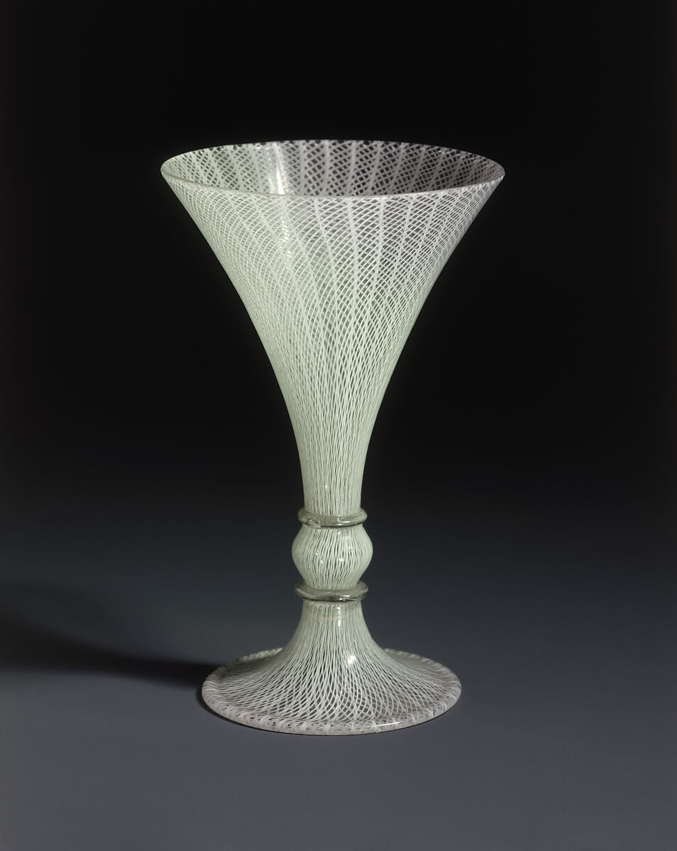 Goblet, Colorless (slightly gray) and opaque white nonlead glass. Blown, "vetro a retorti"., Italian (Venice)