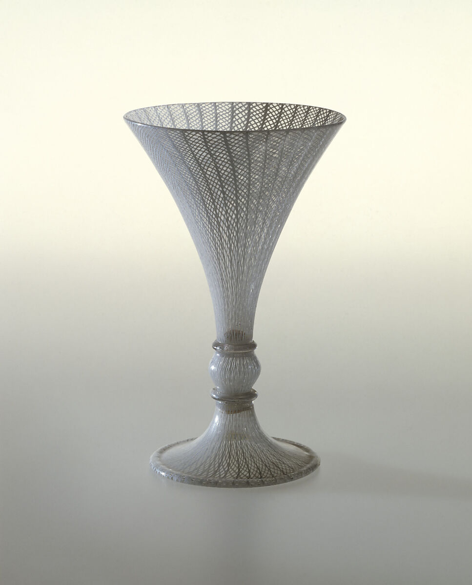 Goblet, Colorless (slightly gray) and opaque white nonlead glass. Blown, "vetro a retorti"., Italian (Venice)