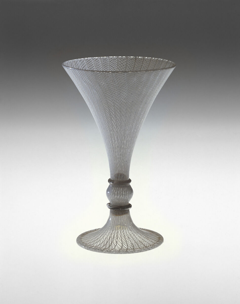 Goblet, Colorless (slightly gray) and opaque white nonlead glass. Blown, "vetro a retorti"., Italian (Venice)