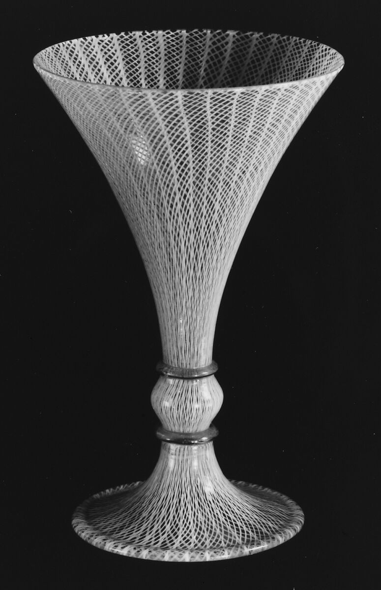 Goblet, Colorless (slightly gray) and opaque white nonlead glass. Blown, "vetro a retorti"., Italian (Venice) 