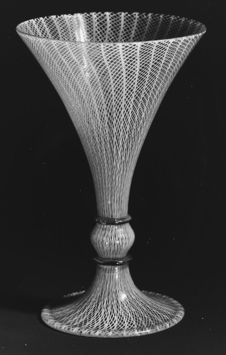 Goblet, Colorless (slightly gray) and opaque white nonlead glass. Blown, "vetro a retorti"., Italian (Venice)