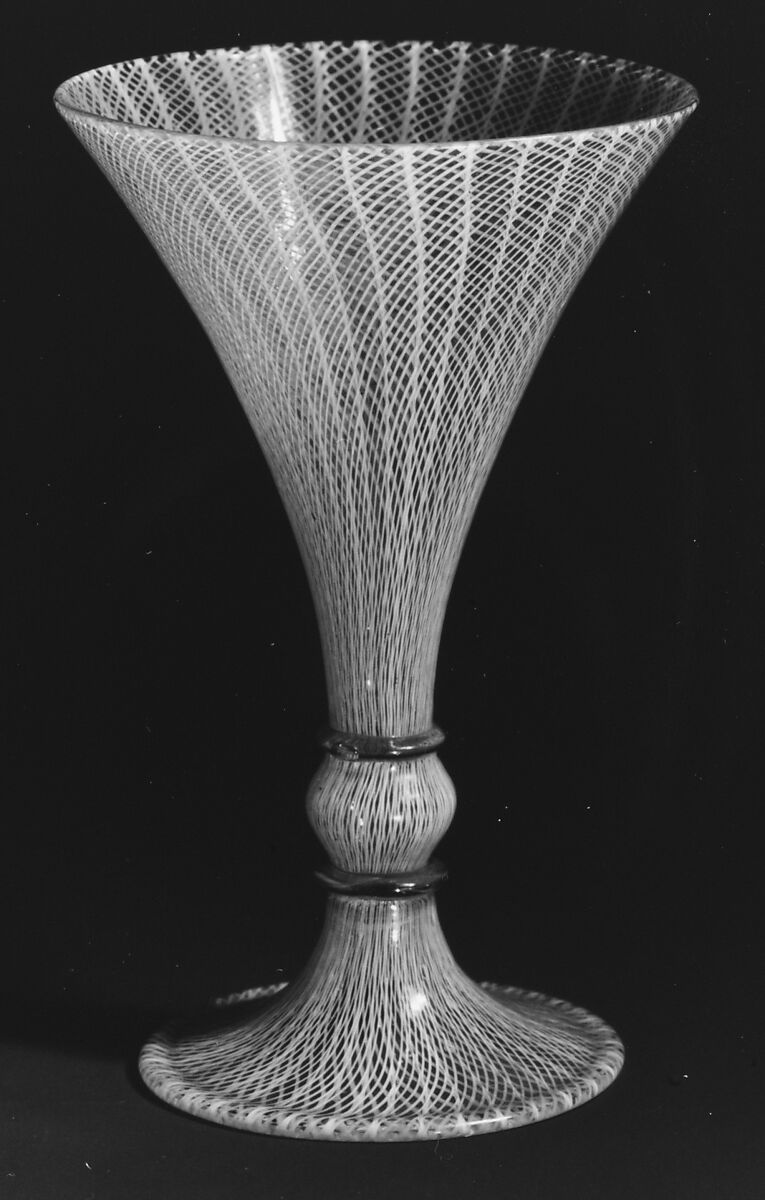 Goblet, Colorless (slightly gray) and opaque white nonlead glass. Blown, "vetro a retorti"., Italian (Venice)
