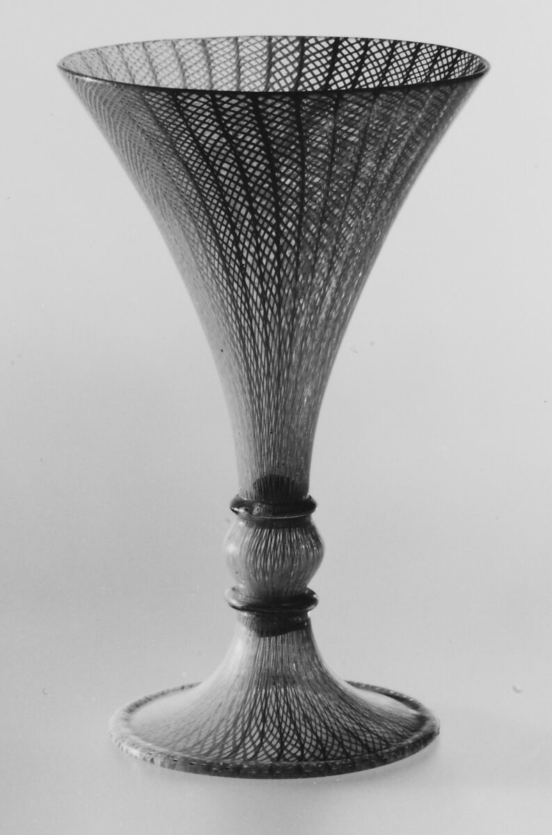 Goblet, Colorless (slightly gray) and opaque white nonlead glass. Blown, "vetro a retorti"., Italian (Venice)