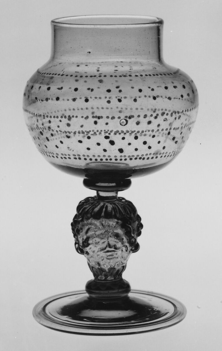 Goblet, Gray nonlead glass. Blown, mold blown, enameled, gilt., Façon de Venise, probably Bohemian
