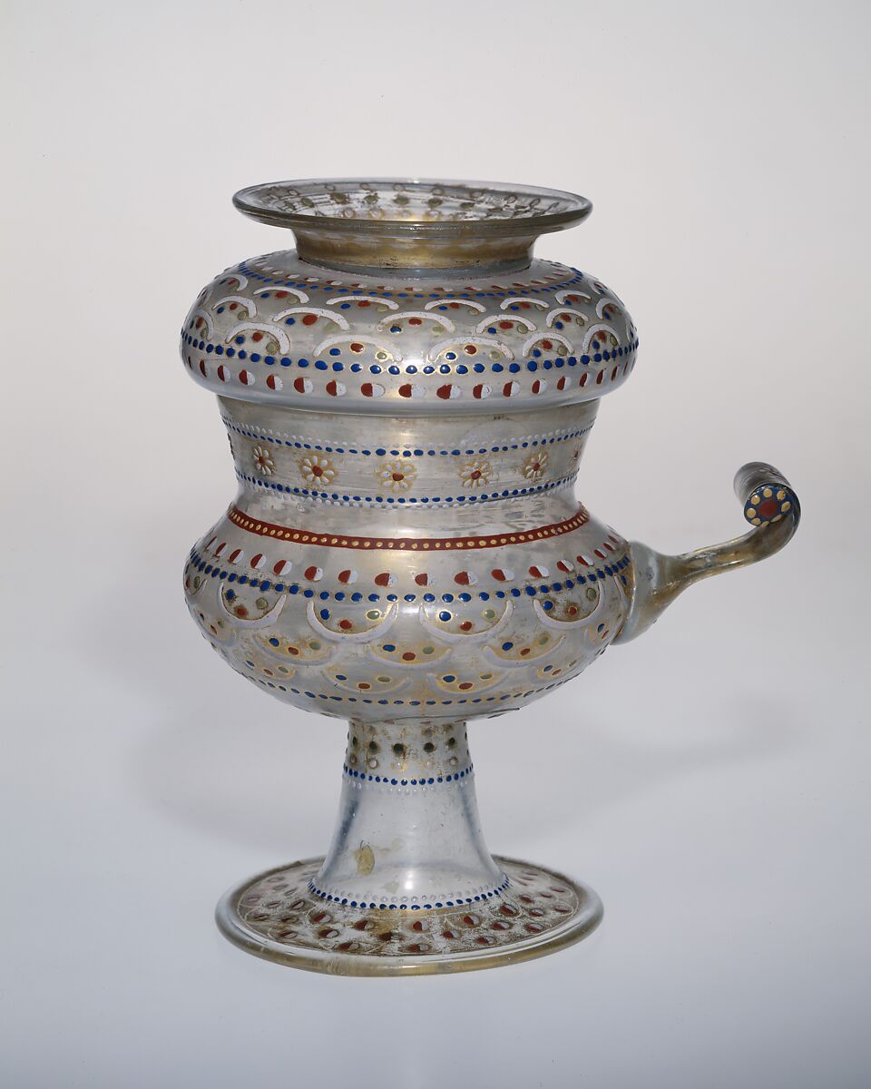 Double cup (Doppelscheuer), Colorless (slightly gray) nonlead glass. Blown, enameled, gilt., Façon de venise, Germany or Silesia (possibly Petersdorf) 