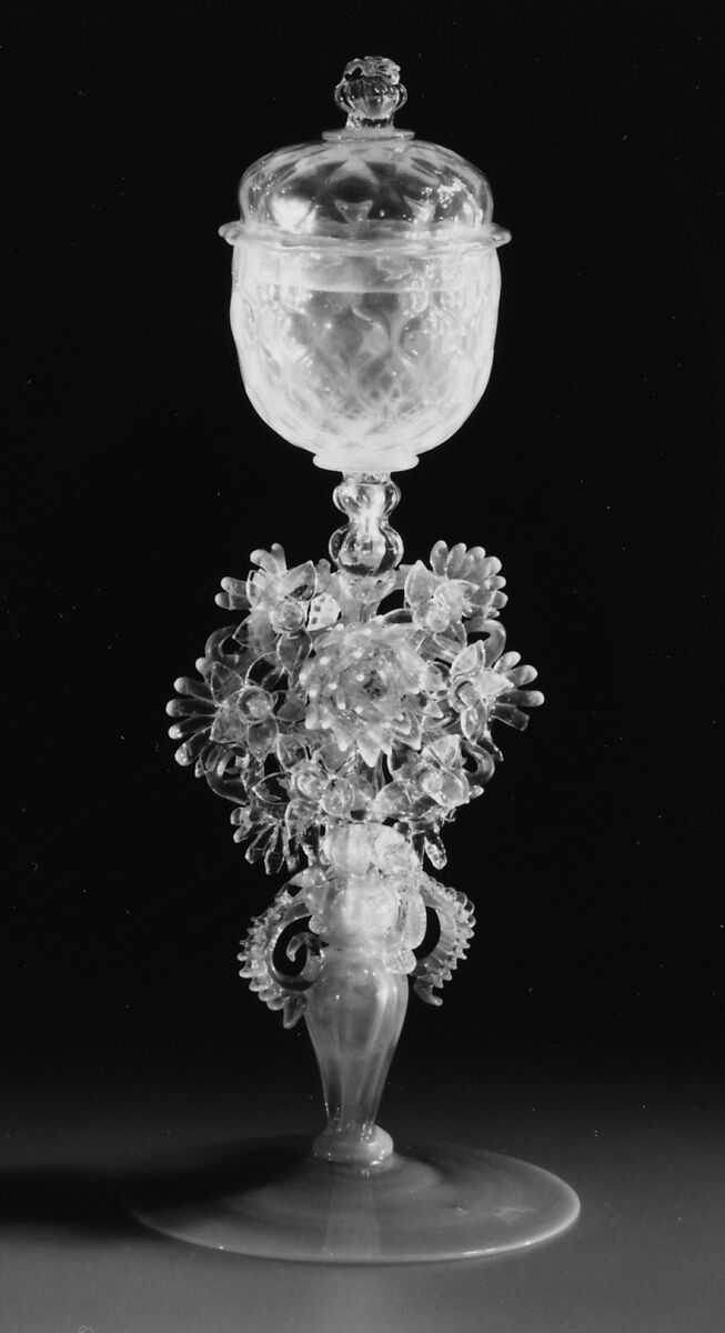 Covered goblet, Opalescent bluish white nonlead glass. Blown, pattern molded, trailed, pincered, applied parts., probably Italian (Venice)