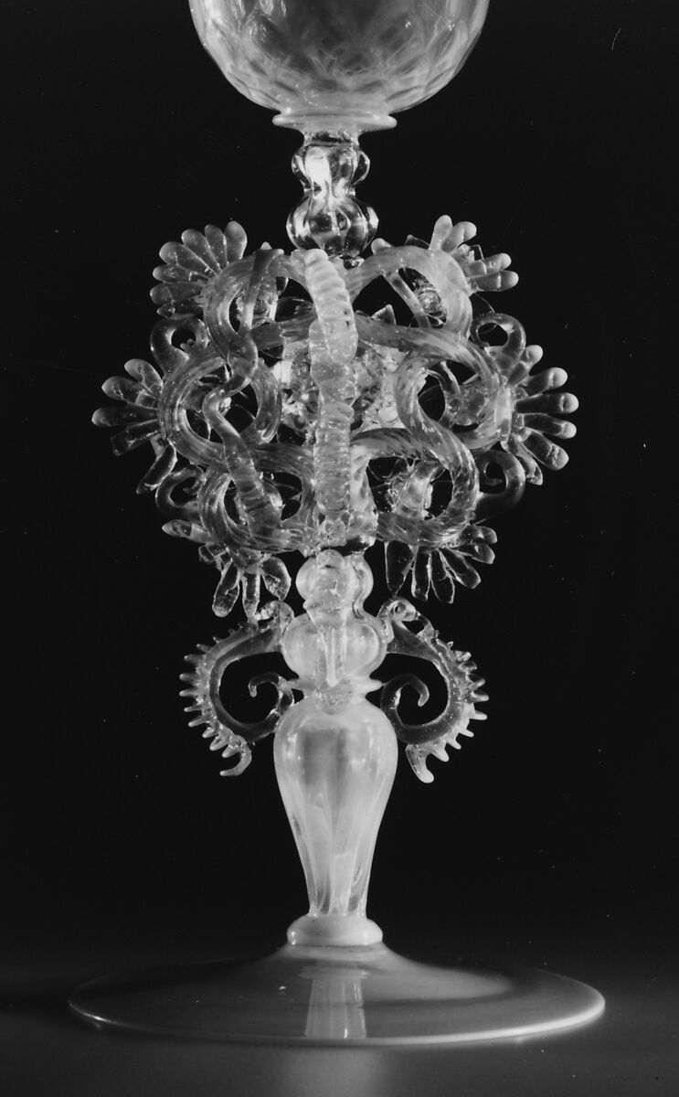 Covered goblet, Opalescent bluish white nonlead glass. Blown, pattern molded, trailed, pincered, applied parts., probably Italian (Venice)