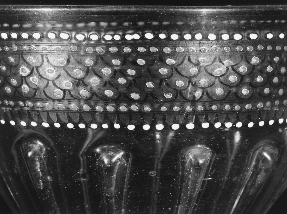 Goblet, Colorless (slightly grayish) nonlead glass.  Blown, pattern molded, trailed, enameled, gilt., Italian (Venice)