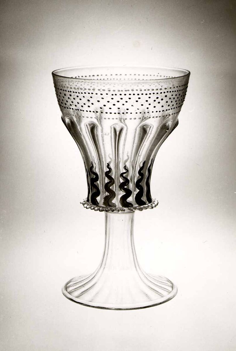 Goblet, Colorless (slightly grayish) nonlead glass.  Blown, pattern molded, trailed, enameled, gilt., Italian (Venice) 